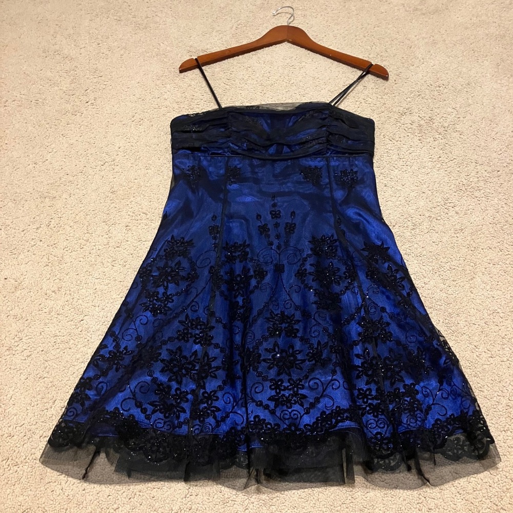 Betsy & Adam Royal Blue Black Lace Corset Back Cocktail Dress Size 12 019751
